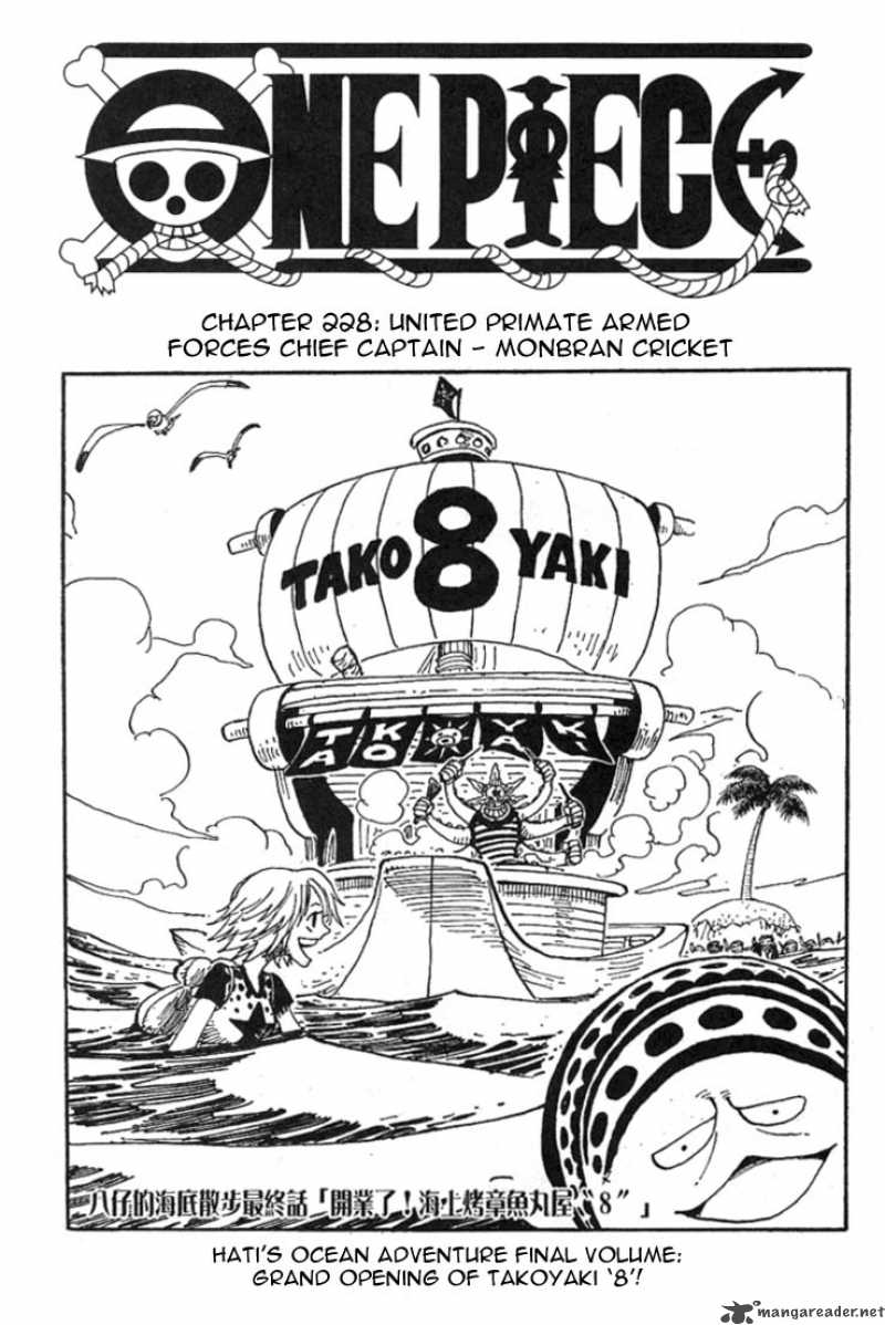 One Piece Manga Chapter 228 page 1 - Mont Blanc Cricket, the Last Boss of the Saruyama Allied Force