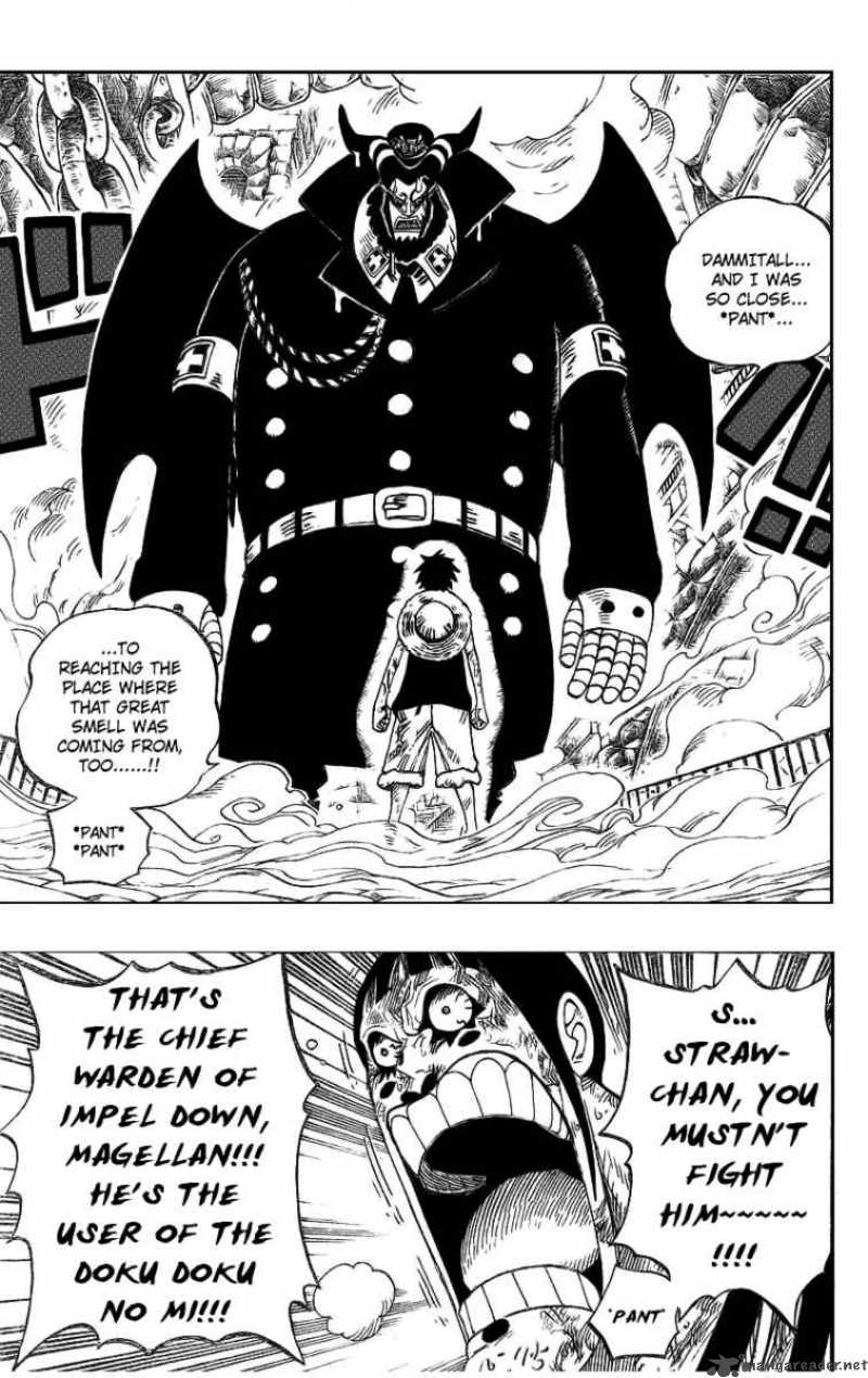 One Piece Manga Chapter 534 page 3 - Chief Warden Magellan vs. Pirate Luffy