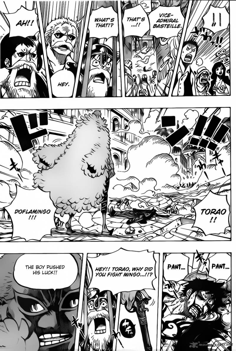 One Piece Manga Chapter 729 page 15 - Warlord Doflamingo vs. Warlord Law