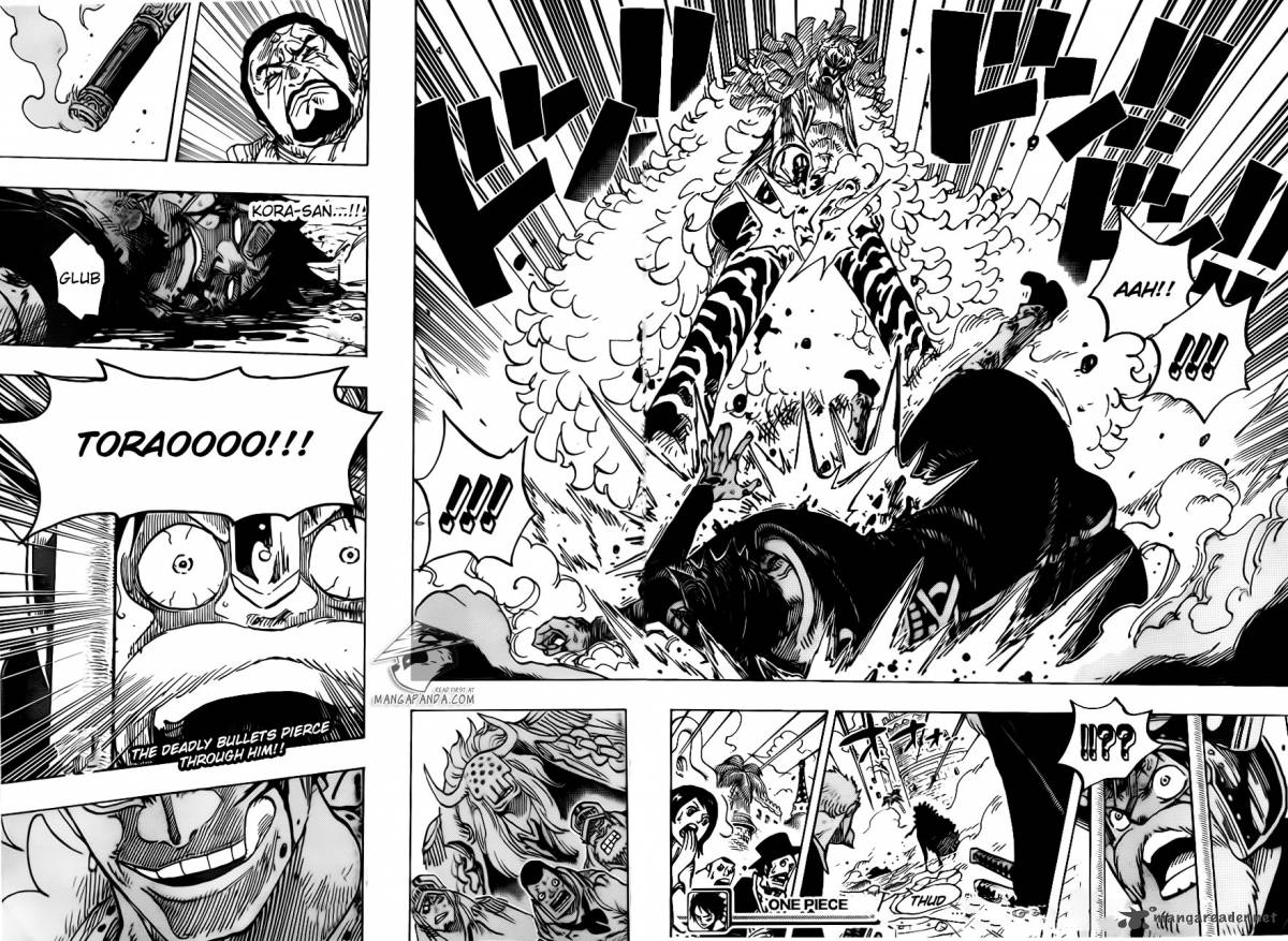 One Piece Manga Chapter 729 page 16 - Warlord Doflamingo vs. Warlord Law