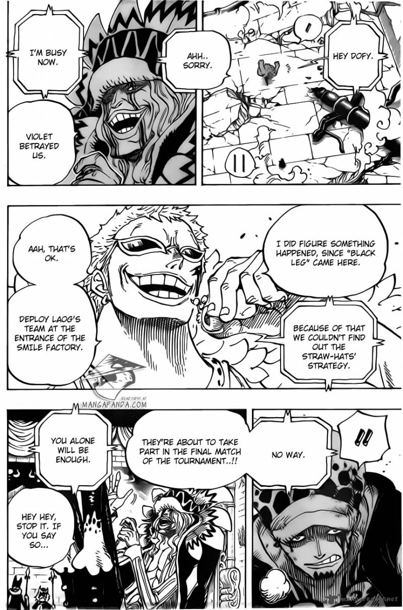 One Piece Manga Chapter 729 page 6 - Warlord Doflamingo vs. Warlord Law