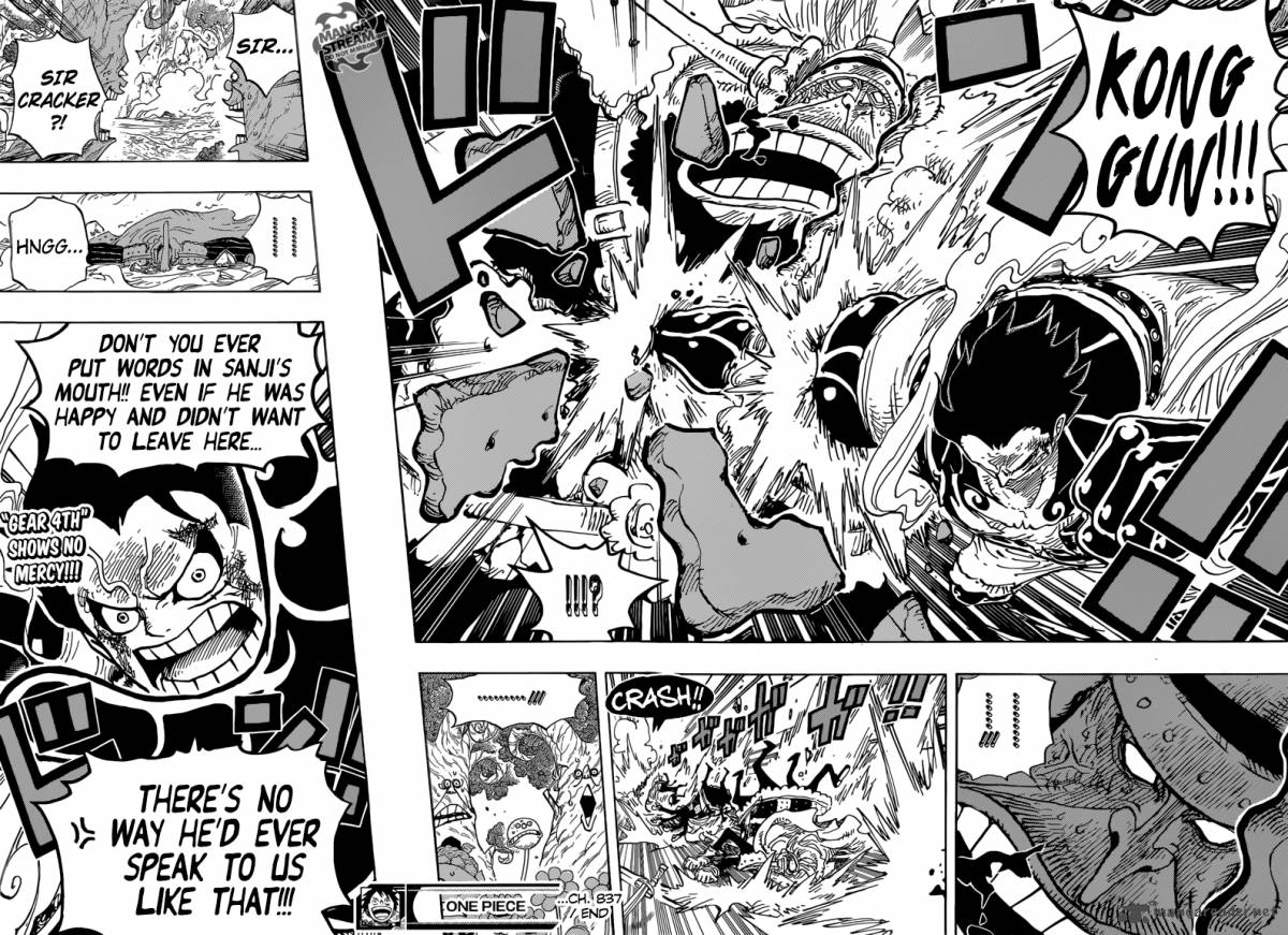 One Piece Manga Chapter 837 page 15 - Luffy vs. Commander Cracker